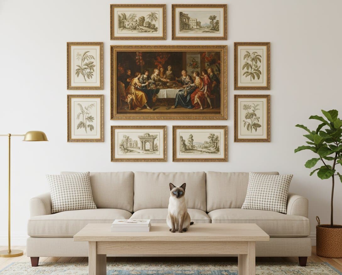Ornate antique gold frame with classical scrollwork and deeply carved ornamental patterns displayed in gallery showcasing 2 inch wide moulding with rich antique gold finish suited to historical artwork and prestigious presentations
