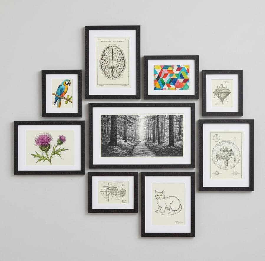 Gallery wall of dark wood picture frames displays assorted artwork including parrot, skull sketch, botanical prints, and geometric designs on light wall