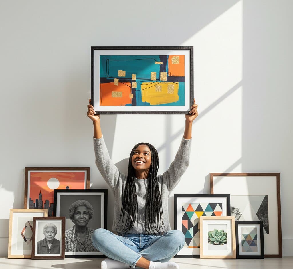 Joyful woman with long braided hair sitting cross-legged on floor holds distressed black and red accent picture frame overhead displaying bold geometric abstract art with overlapping turquoise, golden yellow, and bright orange rectangular shapes on deep navy blue textured background surrounded by eclectic diverse art collection leaning against white wall including monochrome vintage portrait photography of elderly woman, vibrant cityscape silhouette poster with orange sunset, vintage black and white jazz musician saxophone performance photographs, and colorful geometric triangle prints in bright contemporary room with dramatic diagonal sunlight demonstrating versatile modern red accent picture frame styling for contemporary geometric artwork and personal art collections in urban loft spaces