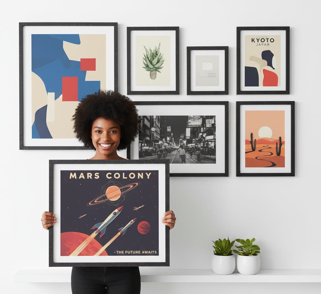 Smiling woman in black top holds large distressed black and red accent picture frame displaying vintage Mars Colony retro space travel poster featuring gold rockets and red planet with stars and text The Future Awaits in front of coordinated asymmetric gallery wall of seven picture frames featuring minimalist geometric abstract with navy blue organic shapes and coral red squares, detailed monochrome aloe succulent botanical illustration with spiky leaves, vintage Kyoto Japan travel poster with Japanese woman silhouette in navy and red, minimalist geometric concentric rectangles line art, desert landscape sunset with peachy orange sky and twin saguaro cacti, and vintage Japanese street photography with neon signs above white console with potted plants demonstrating bold modern picture frame styling for retro travel posters and eclectic gallery wall collections in contemporary urban interiors