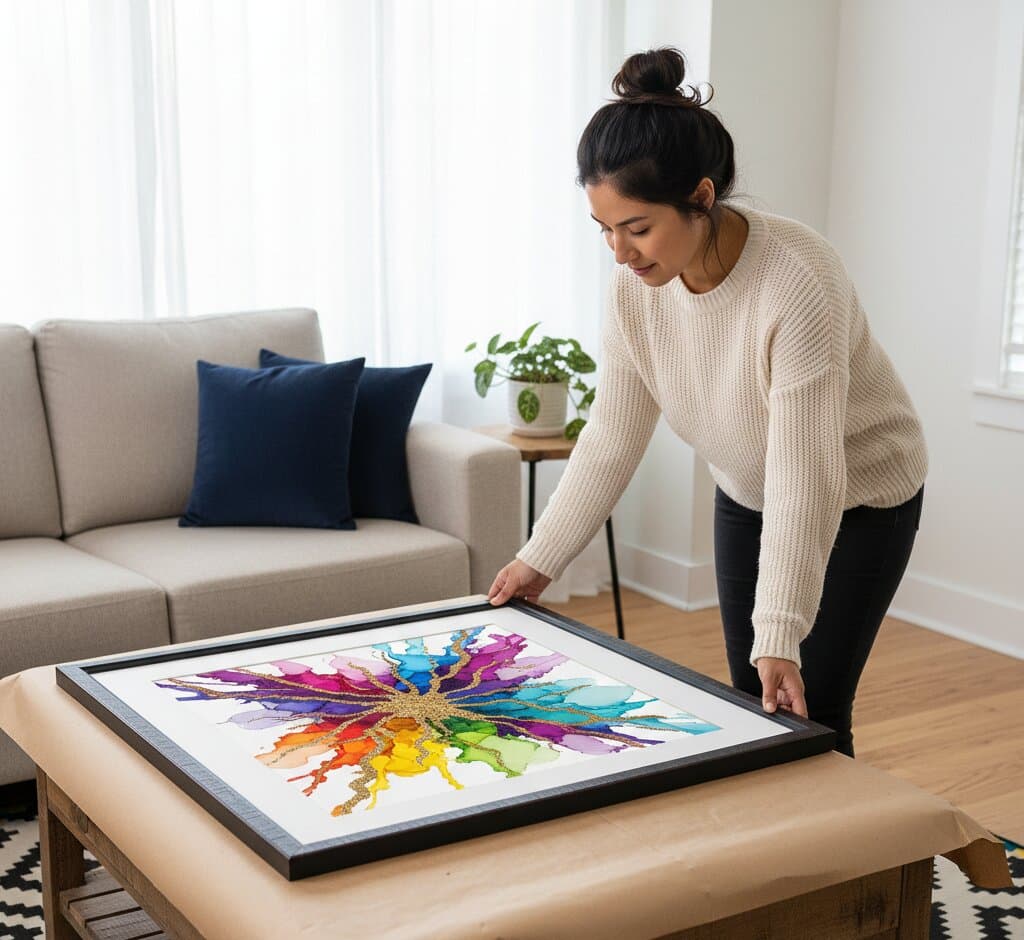 Woman in cream cable-knit sweater leaning over wooden coffee table examining large distressed black and red accent picture frame with generous white mat displaying spectacular rainbow explosion abstract expressionist painting featuring radiating vibrant purple, cobalt blue, turquoise, sunshine yellow, lime green, hot pink, and magenta watercolor paint bursting from metallic golden glitter center with organic paint splatters on white background in bright minimalist living room with beige sofa and navy pillows and potted plant demonstrating professional picture framing for contemporary fluid art and vibrant abstract watercolor paintings with bold modern industrial-chic picture frame finish designed for urban loft spaces and modern interiors