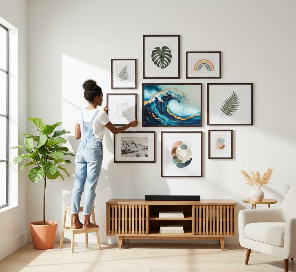 Woman standing on natural wood chair arranging expansive asymmetric gallery wall of nine distressed black and red accent picture frames above mid-century modern slatted media console featuring dramatic turquoise ocean wave with gold metallic accents as centerpiece, delicate fern botanical illustrations with detailed fronds, vibrant watercolor monstera leaf in emerald green, soft pastel rainbow geometric art, minimalist geometric overlapping circles in terracotta and navy, vintage black and white mountain landscape photography, white potted fiddle leaf fig and pampas grass on console in bright contemporary living room with floor-to-ceiling windows demonstrating professional gallery wall design with bold modern picture frames for botanical prints, ocean art, and nature photography in minimalist spaces with industrial-chic character