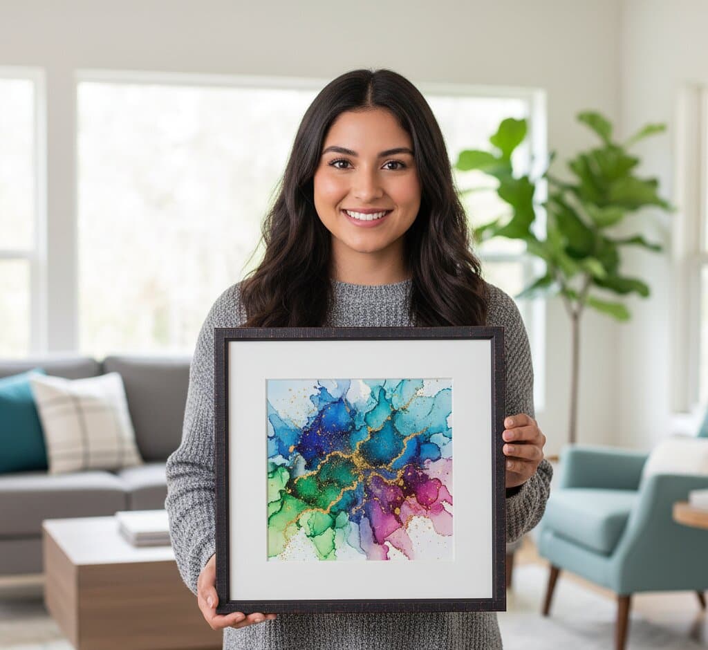Smiling woman in gray cable-knit sweater holds distressed black and red accent picture frame with generous white mat displaying spectacular alcohol ink abstract painting featuring swirling cobalt blue, navy, turquoise, emerald green, lime green, vibrant purple, and hot pink organic fluid shapes with metallic gold veining and paint splatters on soft white background in bright contemporary living room with gray sofa and turquoise pillows and large potted fiddle leaf fig demonstrating elegant picture framing for alcohol ink artwork and contemporary fluid art with bold modern industrial-chic picture frame finish a strong choice for urban loft interiors and modern spaces