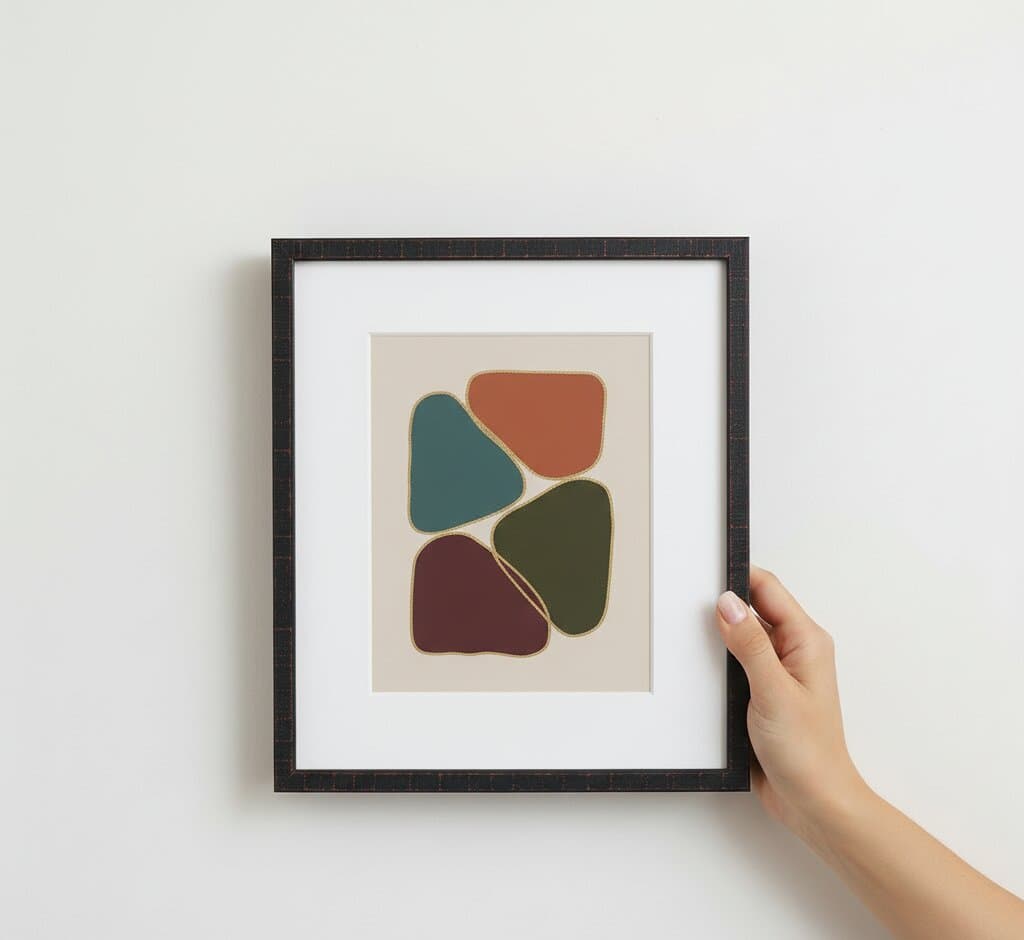 Hand holds distressed black and red accent picture frame with generous white mat displaying minimalist mid-century modern abstract art featuring four organic rounded kidney-shaped forms in teal, terracotta orange, olive green, and deep burgundy with decorative golden stitching detail on soft beige background against white wall in dramatic diagonal shadow lighting demonstrating clean professional picture framing for minimalist geometric art and mid-century modern abstract prints with bold industrial-chic picture frame finish built for contemporary interiors and urban loft spaces
