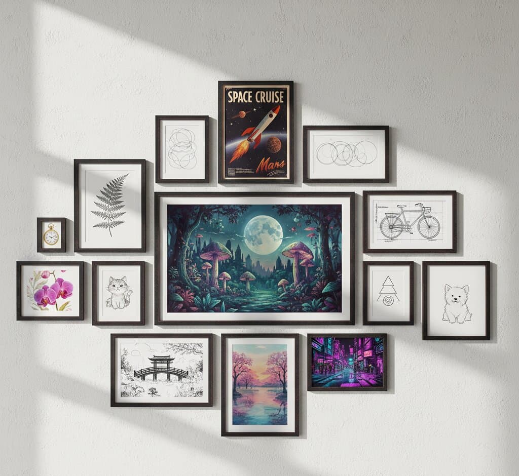 Sophisticated expansive asymmetric gallery wall of fifteen distressed black and red accent picture frames in dramatic diagonal shadow lighting featuring magical enchanted mushroom forest with glowing purple and pink toadstools beneath luminous full moon reflected in turquoise stream as centerpiece, vintage Space Cruise to Mars retro travel poster with cream rocket and orange flame, vintage bicycle technical diagram with measurements and parts labels, delicate fern botanical illustration with detailed fronds, vibrant pink orchid flower watercolor, whimsical sketched cat and fluffy dog line drawings, minimalist geometric overlapping circles line art, Japanese temple pagoda pen and ink sketch, pink cherry blossom tree landscape painting with turquoise river, and vibrant cyberpunk Neo-Tokyo street art in hot pink and purple neon demonstrating versatile modern picture frame styling for eclectic art collections mixing fantasy illustrations, vintage posters, botanical prints, and contemporary digital art in urban loft interiors