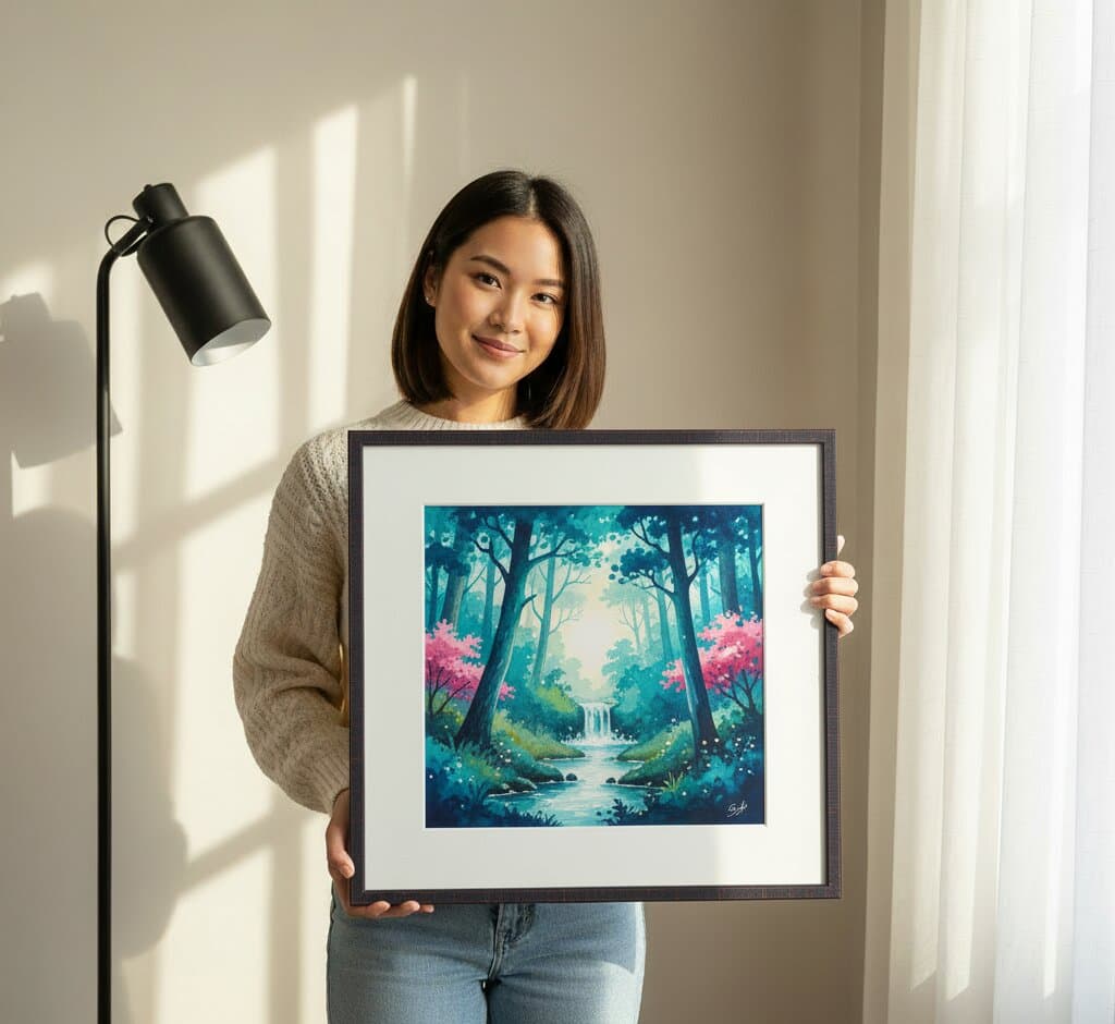 Smiling woman in beige cable-knit sweater holds large distressed black and red accent picture frame with generous white mat displaying enchanted fantasy forest landscape painting featuring ethereal turquoise and teal trees with glowing foliage, vibrant hot pink and magenta flowering bushes, luminous aqua stream with small waterfall and gentle white deer drinking water with magical firefly sparkles on white background in bright minimalist living room with white sheer curtains and dramatic window shadow patterns and black adjustable desk lamp demonstrating elegant picture framing for fantasy landscape art and whimsical nature paintings with bold modern industrial-chic picture frame finish tailored for contemporary spaces and urban loft interiors