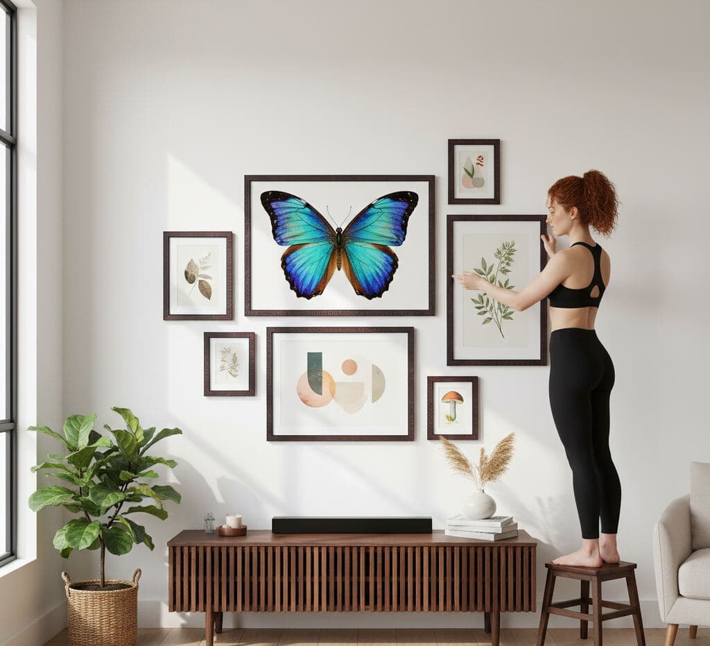 Woman in athletic clothing stands on stool arranging gallery wall of dark wood picture frames displaying large blue butterfly and botanical artwork