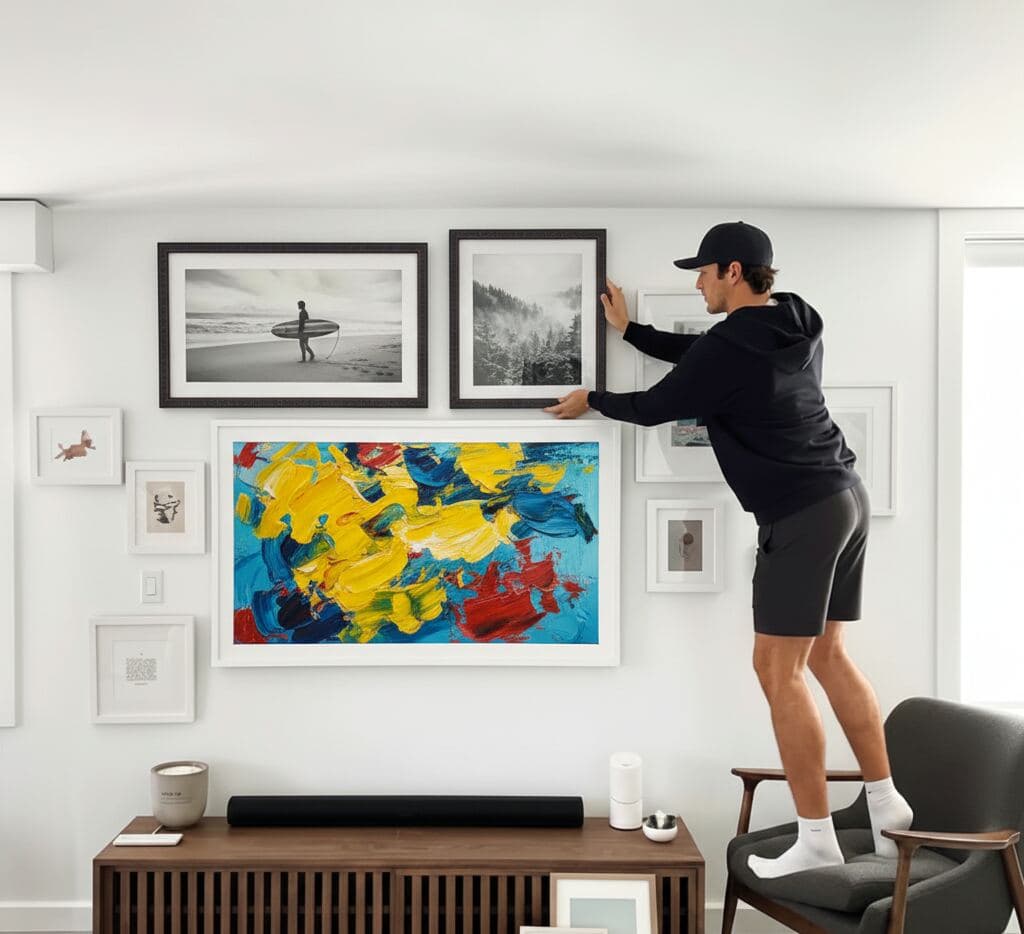 Man in dark athletic wear adjusts framed black-and-white photos above large abstract painting in modern living room with white walls