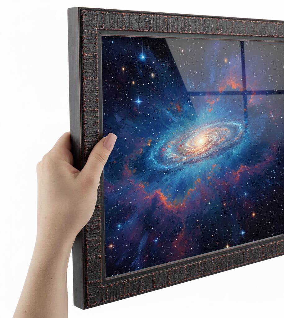 Close-up of hands holding dark wood picture frame featuring vivid photograph of galaxy surrounded by glowing stars