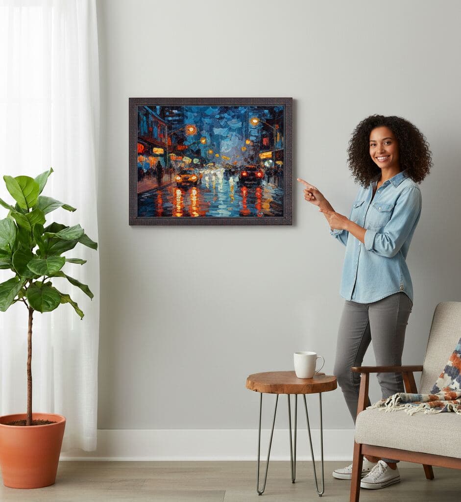Woman in light denim shirt stands beside chair pointing toward dark wood picture frame displaying city street painting with wet reflections