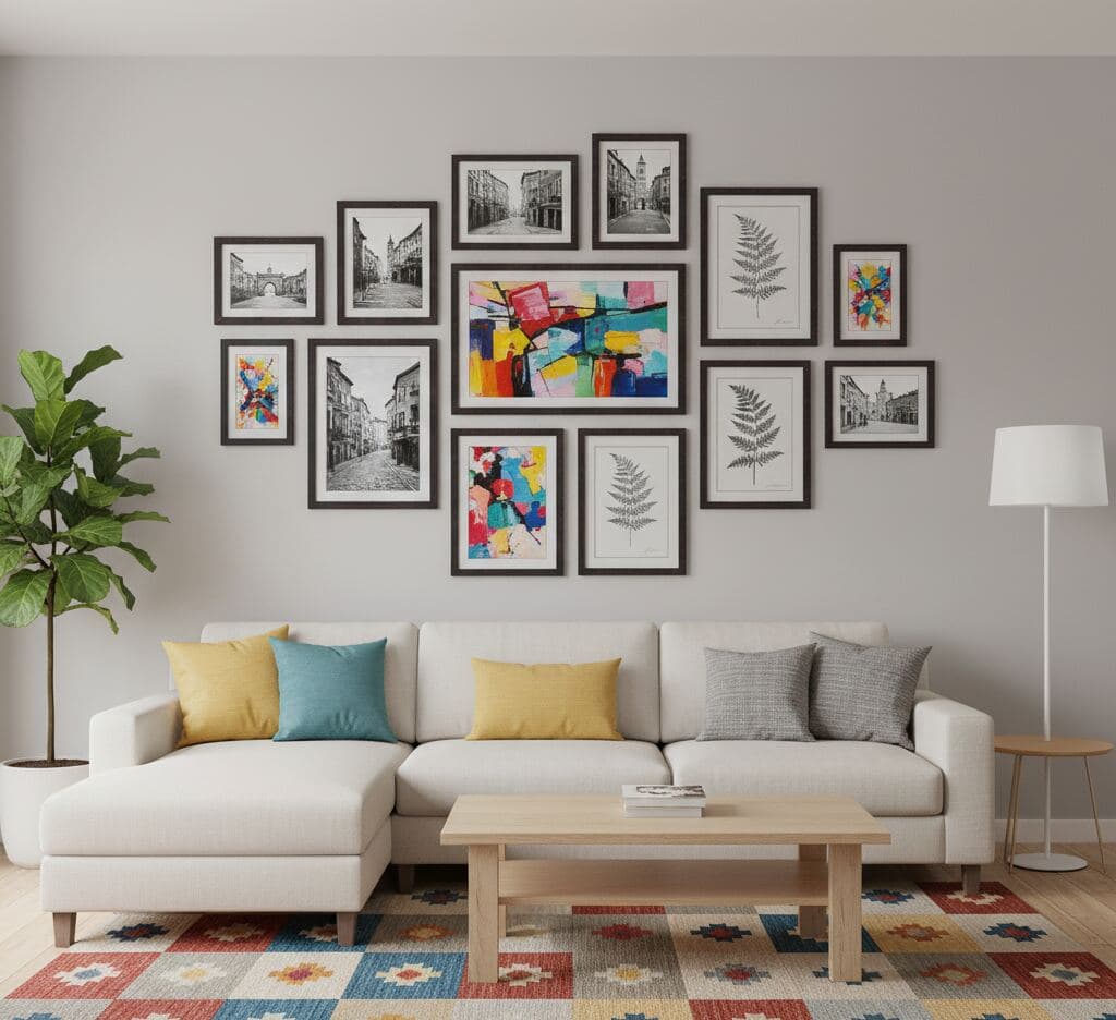 Living room with cream sofa and colorful rug features gallery wall of dark wood picture frames displaying botanical, architectural, and abstract artwork