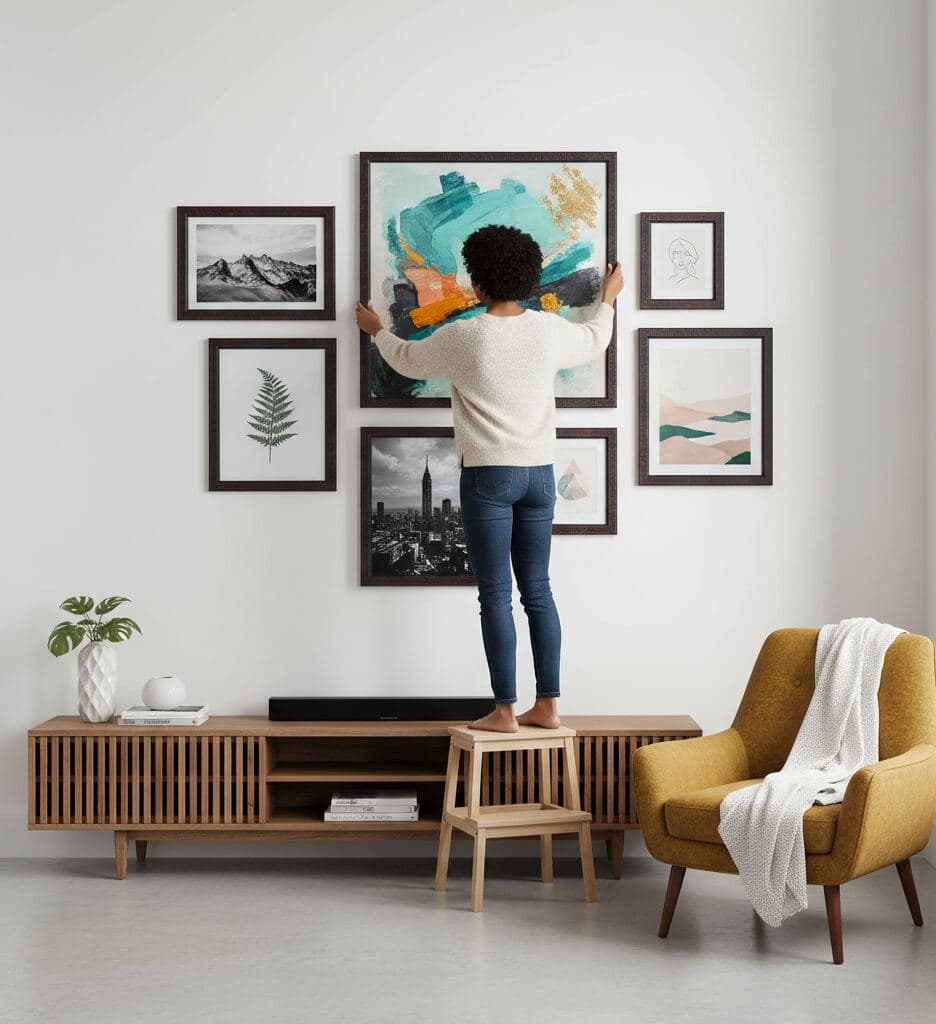 Woman stands on step stool adjusting wall arrangement of dark wood picture frames displaying landscape, botanical, and abstract prints above wood console