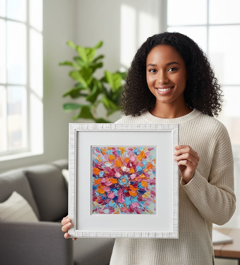 Woman in cream sweater holds textured white picture frame displaying colorful abstract floral painting with bright orange, pink, and blue tones