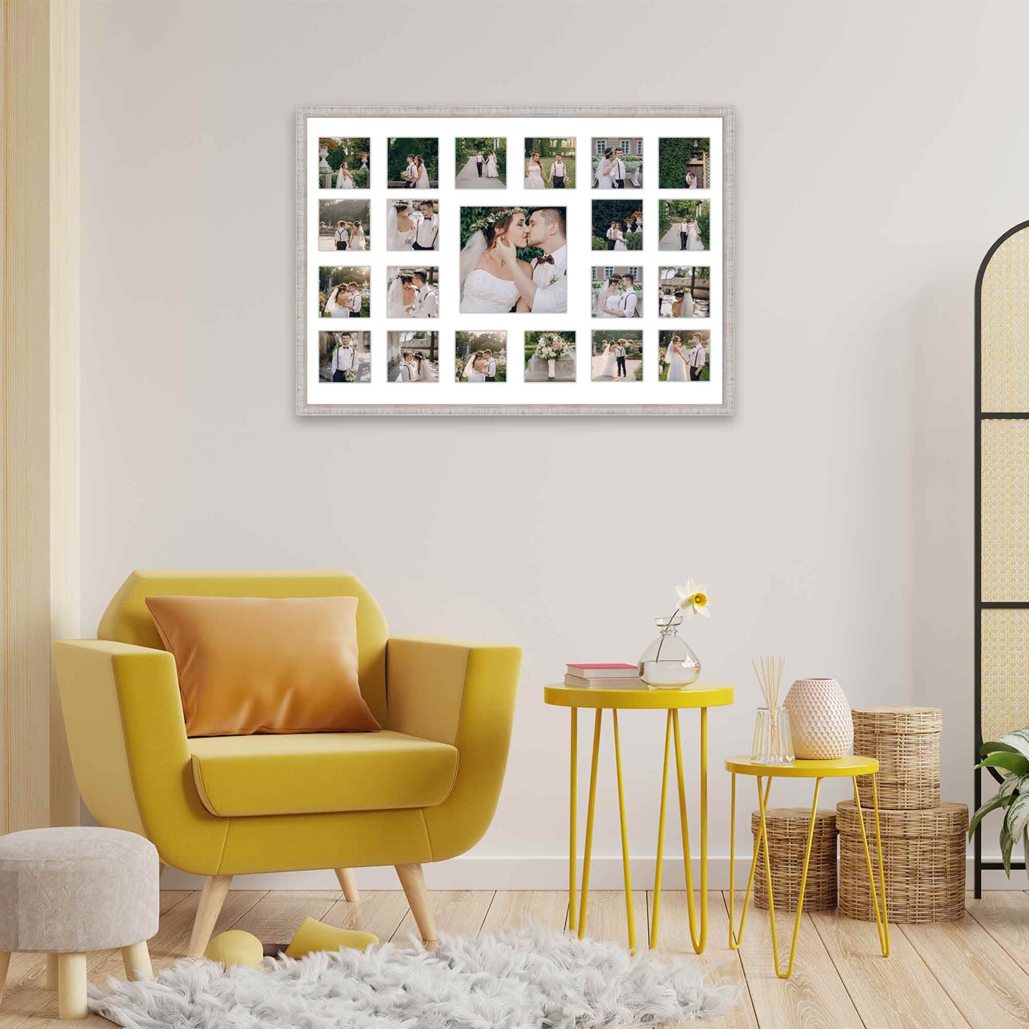 Modern room with yellow chair and matching side tables features textured white collage frame displaying grid of wedding photographs on neutral wall
