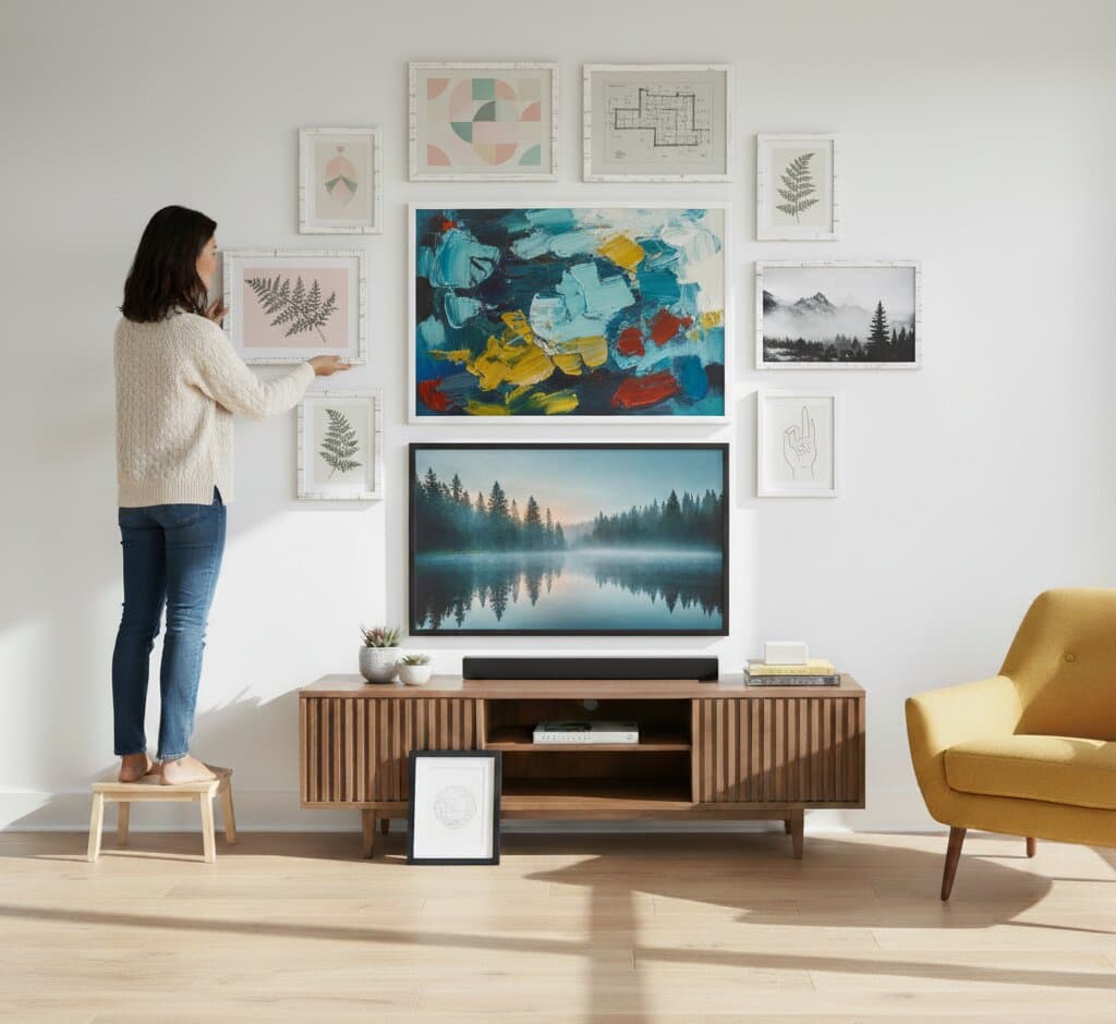 Woman standing on wooden stool arranges eclectic gallery wall of distressed white picture frames displaying vibrant abstract expressionist painting, pressed fern botanicals, architectural blueprint, misty lake reflection, and cityscape photography above mid-century modern walnut console with mustard accent chair