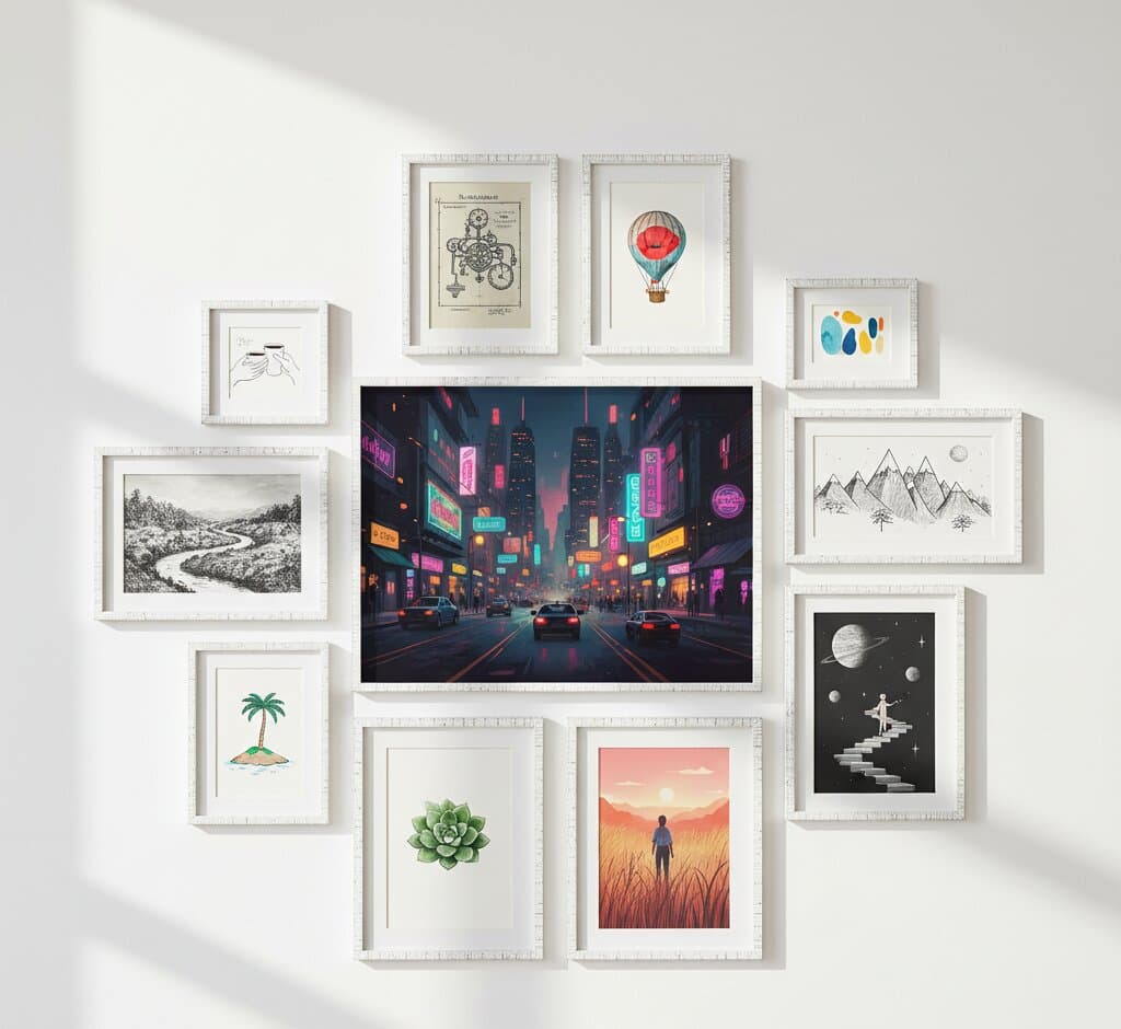 Curated salon wall of textured white picture frames featuring large neon-lit cyberpunk cityscape surrounded by whimsical illustrations including vintage hot air balloon, tropical palm tree, watercolor succulents, ink mountain landscape, celestial moon stairway, and minimalist line drawings in modern farmhouse arrangement