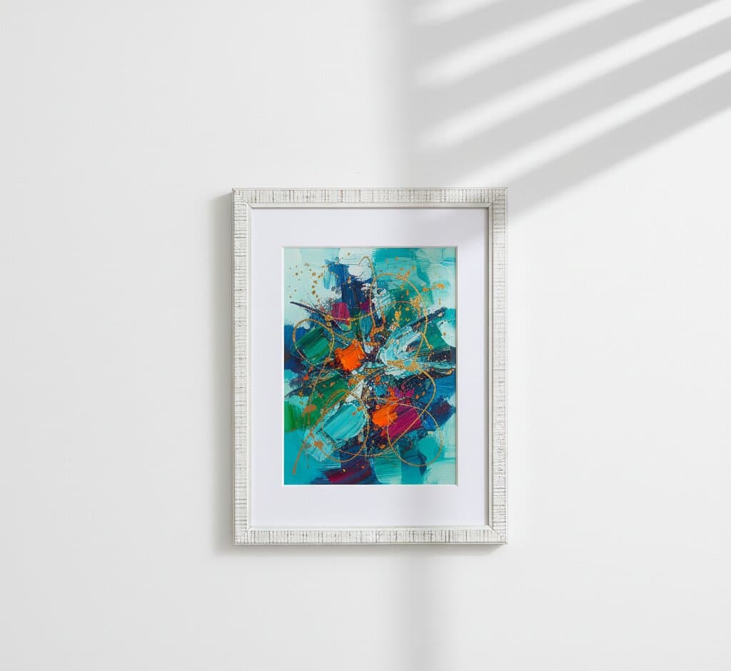 Contemporary abstract expressionist painting displayed in distressed white picture frame with wide white mat board showing energetic brushwork in turquoise, tangerine orange, magenta pink, and navy blue palette on minimalist gallery wall with professional conservation framing