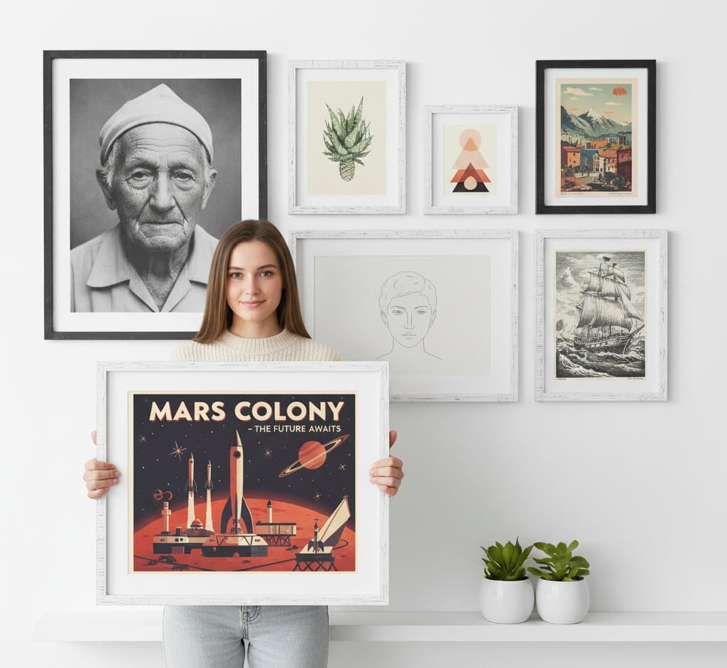 Calico cat sits on cream sectional sofa in modern living room beneath asymmetric gallery wall of farmhouse white picture frames displaying bold abstract color field painting, vintage Venus Voyage space travel poster, delicate botanical watercolor sketches, and architectural cityscape photograph with walnut coffee table and coral throw pillows
