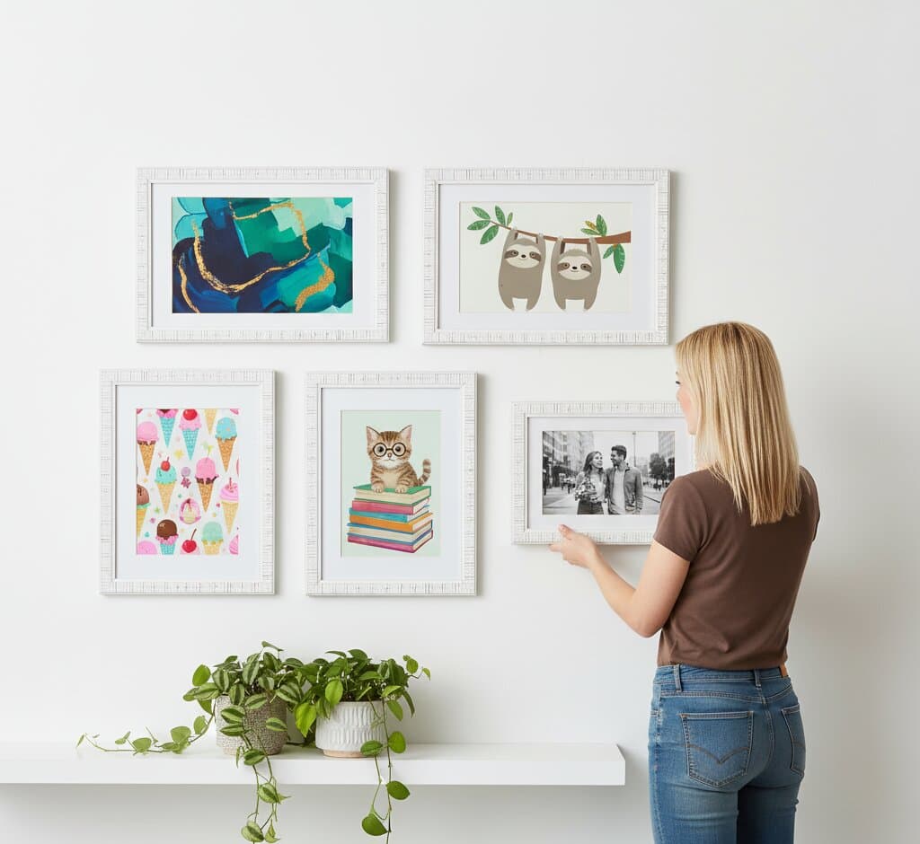Smiling woman in cream knit sweater gestures toward oversized distressed white picture frame displaying explosive paint splatter artwork with radiating magenta, cyan, and yellow bursts on cream background in modern apartment with industrial window, fiddle leaf fig plant, and mid-century armchair