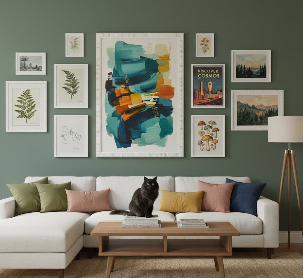 Curated gallery wall of textured white picture frames featuring large abstract expressionist painting in turquoise and tangerine tones surrounded by vintage travel poster, mushroom illustration, pressed fern botanicals, and misty landscape photography on sage green accent wall with cream sectional sofa and black cat