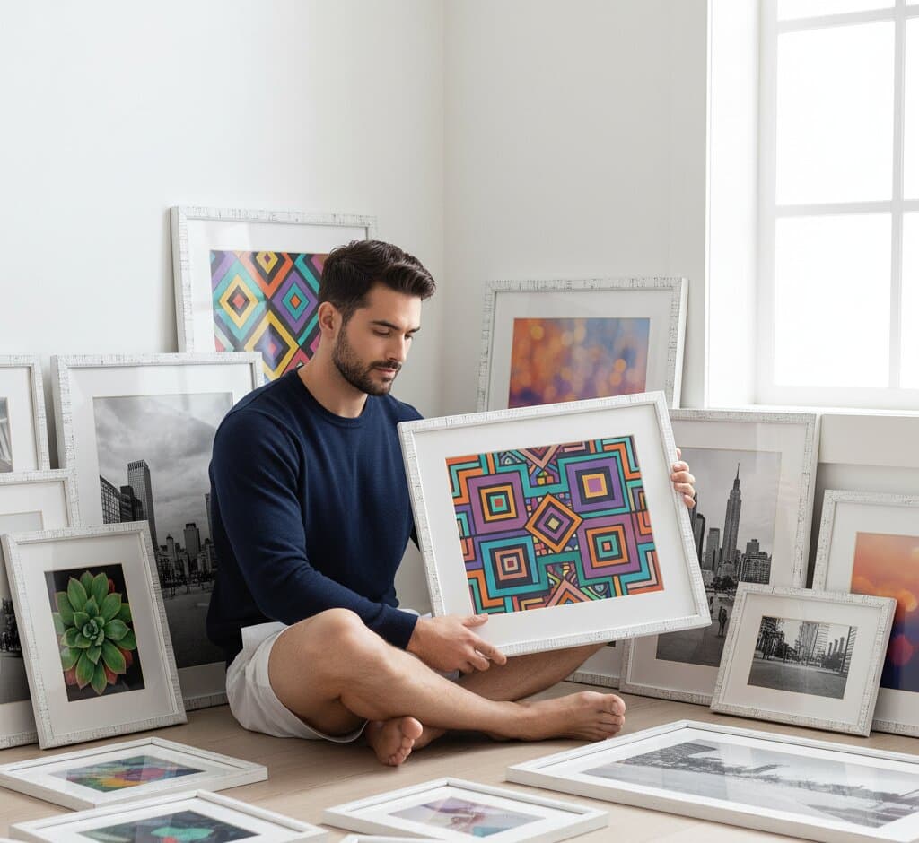 Man sitting cross-legged on floor surrounded by collection of distressed white picture frames displaying colorful geometric patterns, abstract art, and cityscape photography demonstrating versatile picture framing options for modern art collectors in bright contemporary studio space