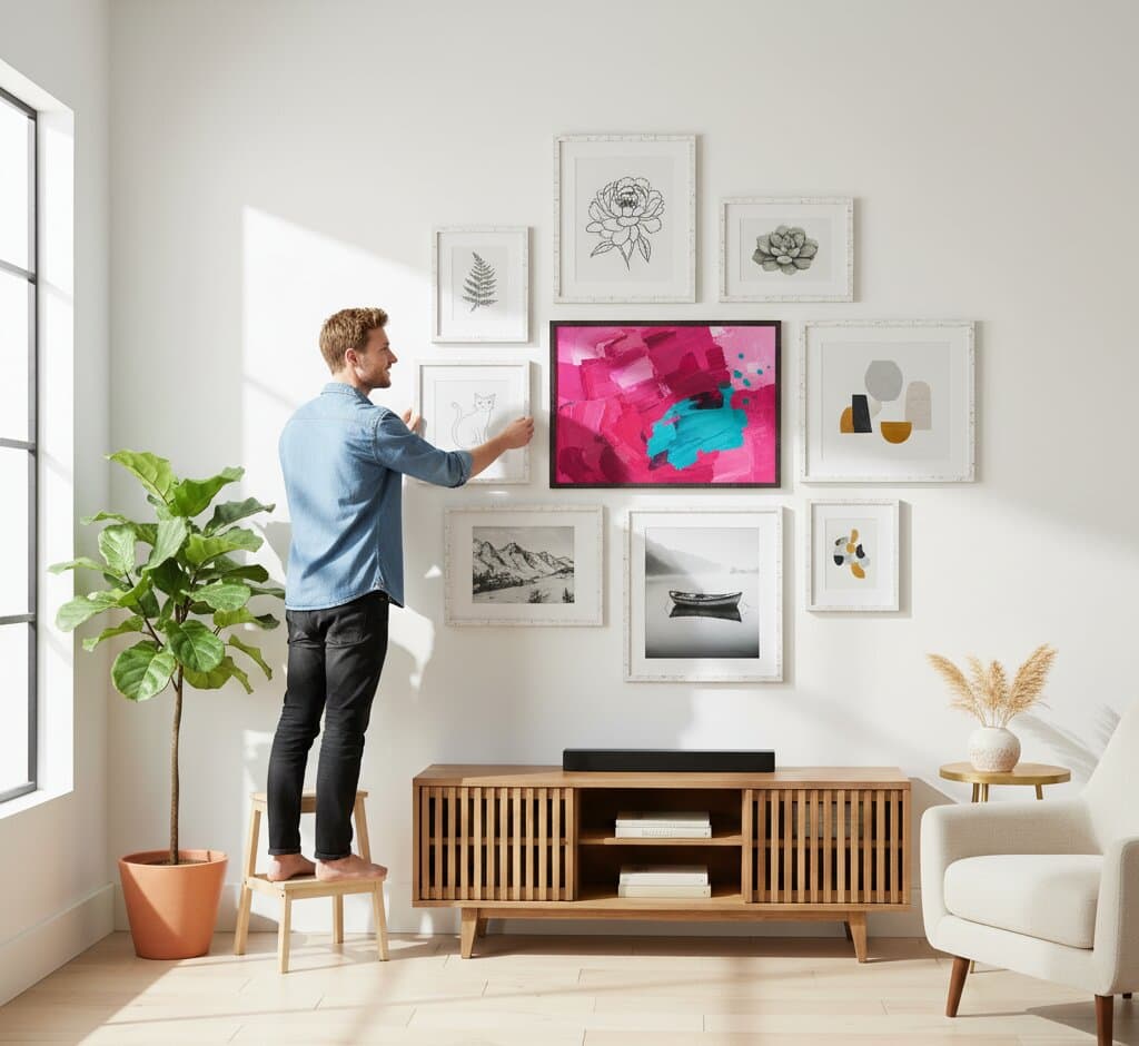Man standing on wooden stool adjusting eclectic gallery wall of textured white picture frames featuring digital screen art, whimsical pet illustrations, geometric abstracts, and black-and-white landscape photography above mid-century modern walnut media console in Scandinavian contemporary living room