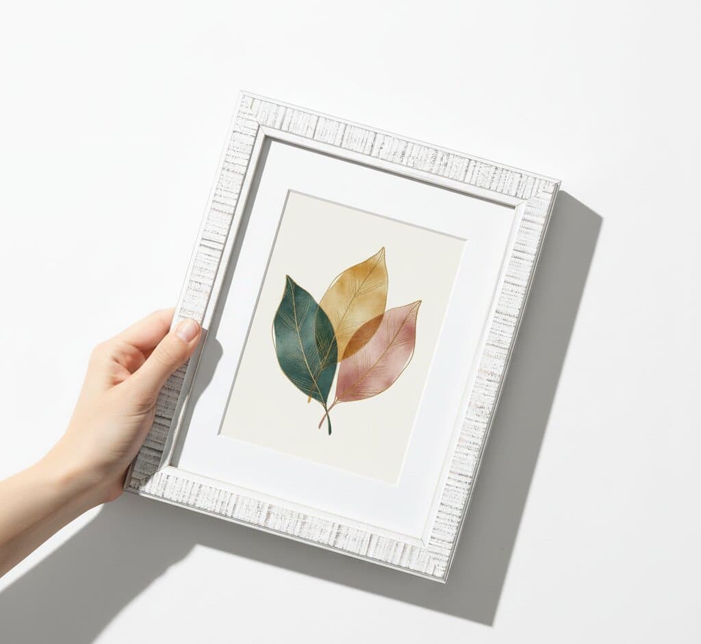 Hand holding distressed white picture frame with wide white mat board displaying pressed autumn leaves watercolor botanical art in green, gold, and pink tones illuminated by natural window light showcasing farmhouse-chic picture framing for nature prints