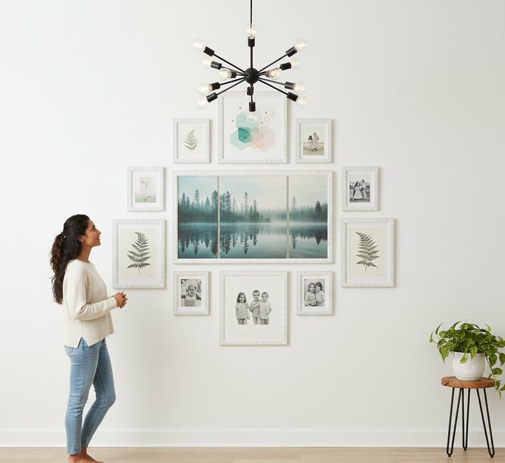Woman admiring sophisticated gallery wall of textured white picture frames featuring wide landscape triptych of misty forest lake reflection surrounded by pressed fern botanicals, geometric abstracts, and vintage black-and-white family photographs under modern sputnik chandelier in coastal contemporary living room