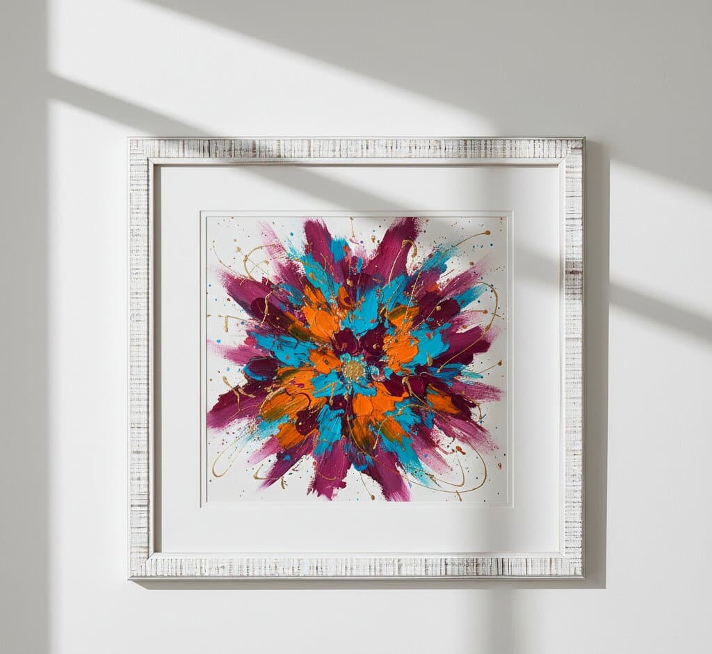 Close-up of distressed white picture frame with wide white mat board displaying vibrant abstract expressionist burst painting in magenta, turquoise, orange, and gold with dynamic brushwork and splatter effects on clean white gallery wall with natural sunlight shadow demonstrating professional conservation framing for contemporary art