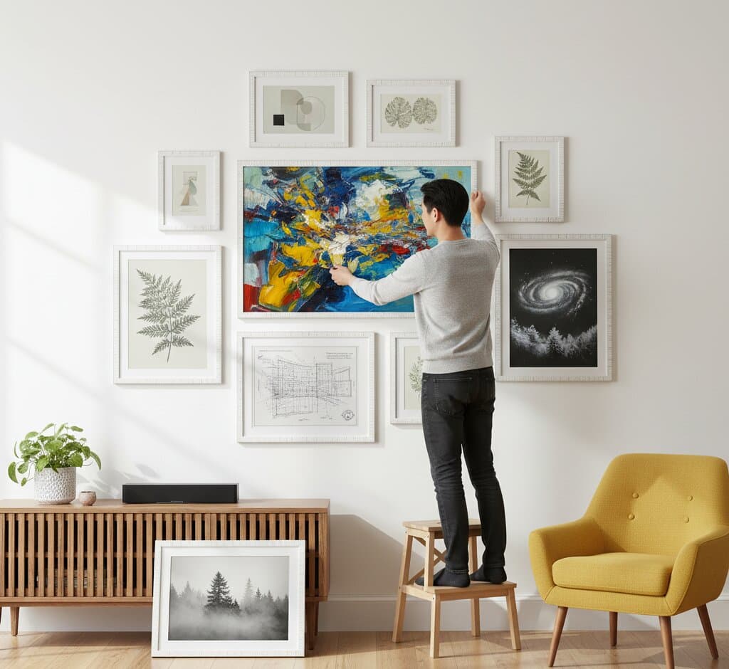 Man on wooden stool adjusting dynamic gallery wall of textured white picture frames featuring large colorful abstract expressionist painting in yellow and blue surrounded by pressed fern botanicals, geometric minimalist prints, and black-and-white galaxy astrophotography creating eclectic modern farmhouse art display on light gray wall
