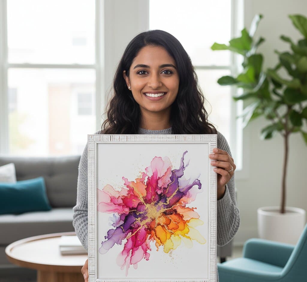 Woman in gray sweater holding distressed white picture frame with white mat board displaying vibrant alcohol ink abstract flower painting in pink, purple, orange, and yellow tones smiling in bright contemporary living room with teal accent chairs demonstrating picture framing for modern colorful artwork