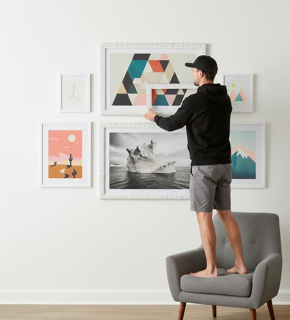 Man in black hoodie and shorts stands on gray chair adjusting gallery wall of textured white picture frames displaying abstract and landscape art