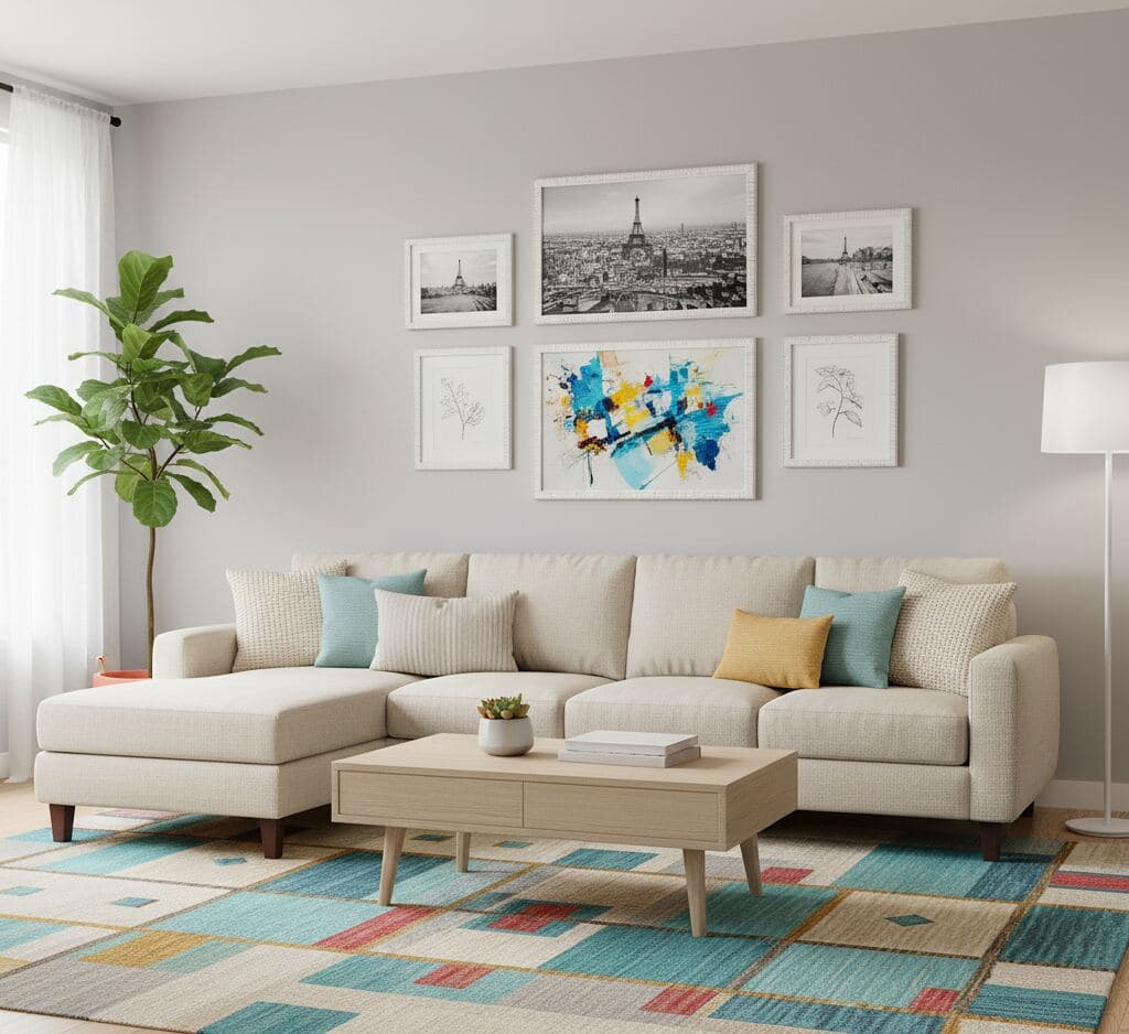 Modern living room with cream sectional sofa features gallery wall of textured white frames displaying black-and-white Eiffel Tower photos, line art, and abstract color paintings