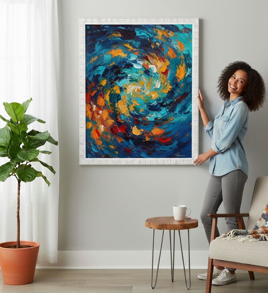 Woman in light denim shirt stands beside chair smiling while holding large textured white picture frame displaying abstract swirl painting in blue, orange, and red tones