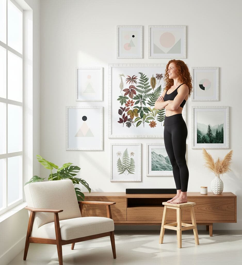 Woman in athletic wear stands on stool arranging gallery wall of textured white frames displaying botanical, landscape, and geometric artwork above wooden console