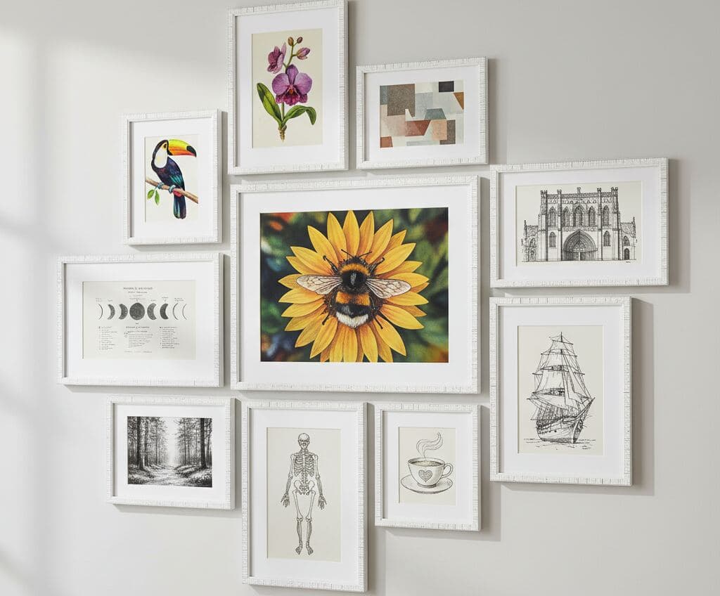 Collection of textured white picture frames forms gallery wall featuring central image of bee on sunflower surrounded by botanical, architectural, and scientific prints