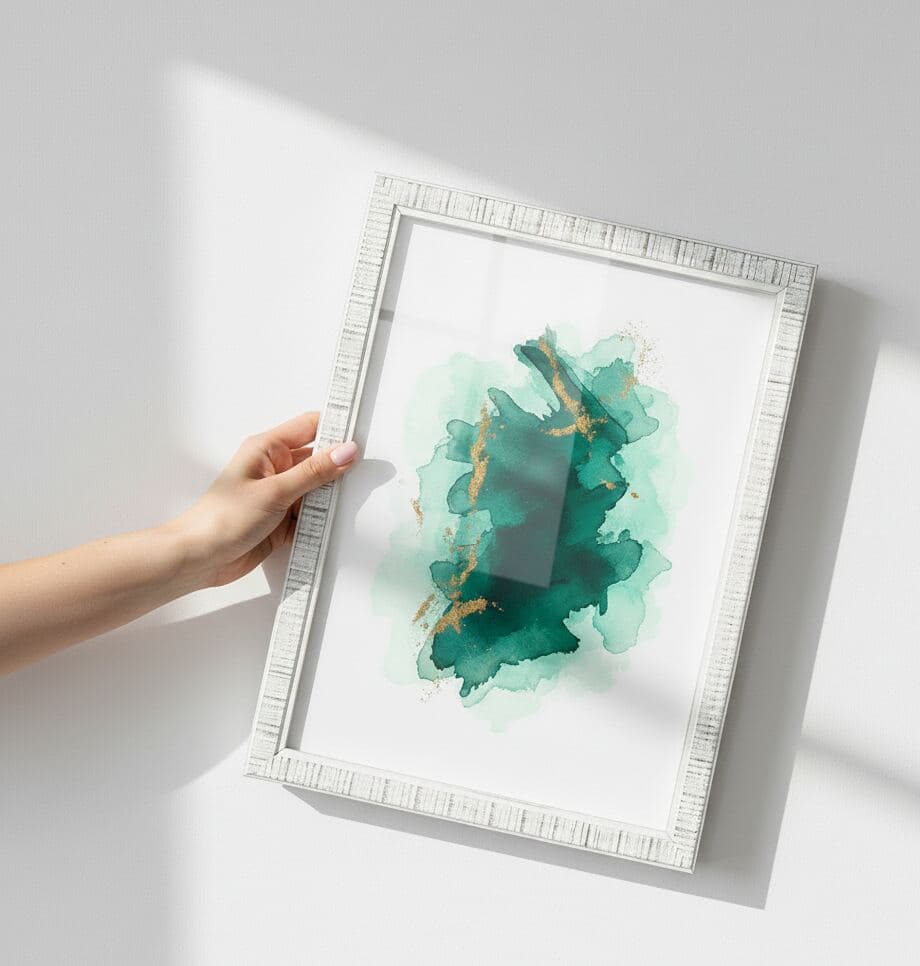Hand holds textured white picture frame featuring watercolor painting in shades of green and gold, illuminated by natural sunlight