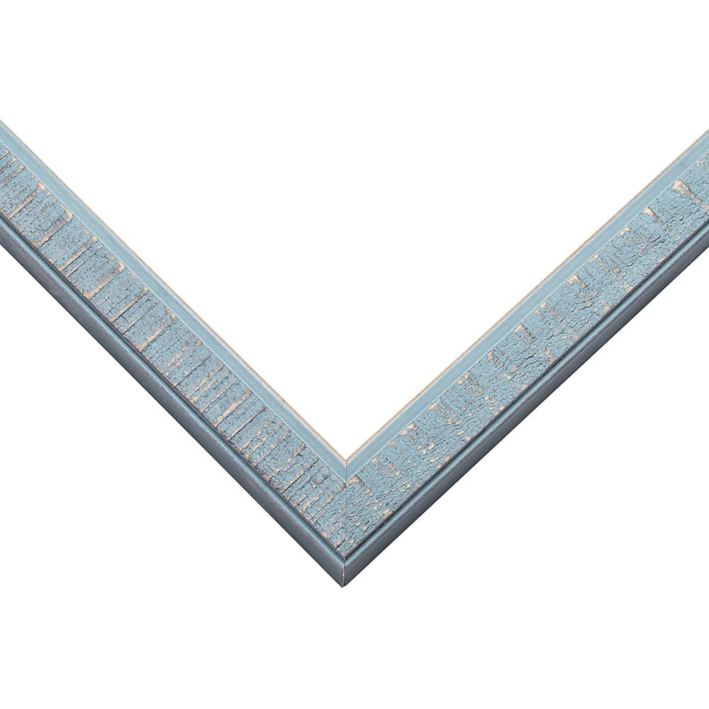 Slate Blue Frame corner detail showing distressed blue finish with natural wood showing through in slim 0.75 inch contemporary profile
