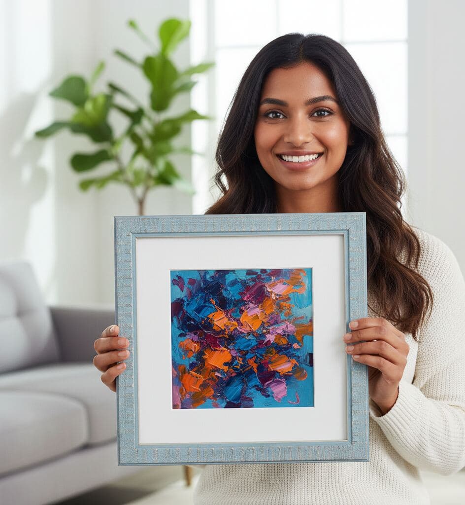 Woman in cream sweater holds blue-washed wood picture frame displaying colorful abstract painting in orange, blue, and magenta tones