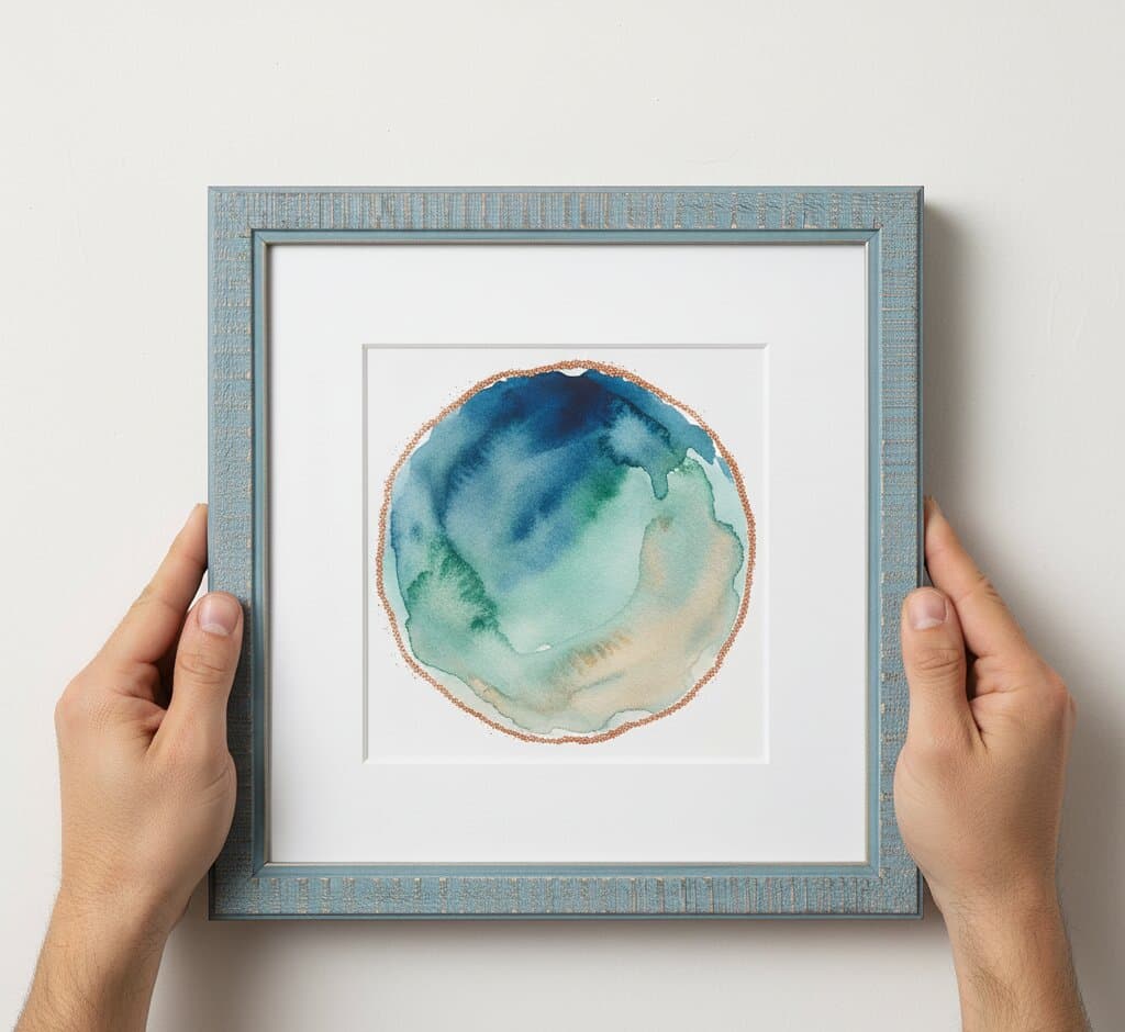 Smiling man in gray t-shirt holding textured blue picture frame with white mat displaying vibrant alcohol ink abstract explosion art in rainbow colors including yellow, pink, blue, red, and green on coffee table in bright modern living room with navy pillows demonstrating picture framing for contemporary colorful artwork