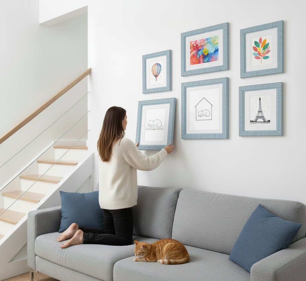 Woman kneeling on gray sofa adjusting stairway gallery wall of coastal blue picture frames featuring whimsical cat line drawing, hot air balloon watercolor, colorful abstract painting, autumn leaves, and Eiffel Tower photograph in modern home with orange terracotta cat planter demonstrating eclectic mix-and-match frame styling