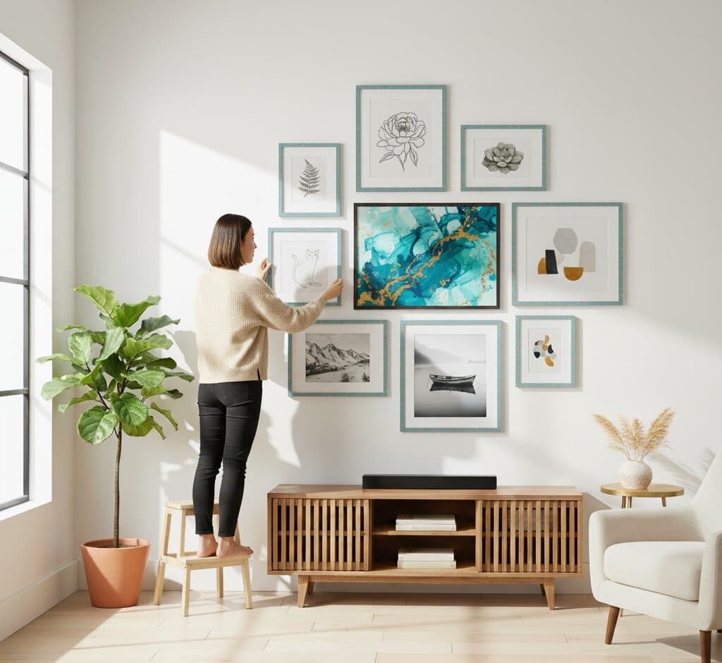 Man sitting cross-legged on floor surrounded by collection of coastal blue picture frames examining dramatic mountain sunset landscape with purple aurora sky painting in modern bright studio with geometric frames and cityscape prints demonstrating versatile picture framing options for landscape photography and travel art