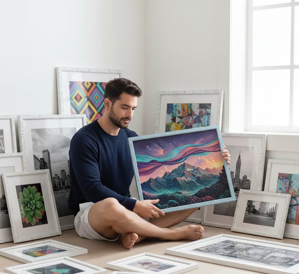 Smiling man in cream cable knit sweater holding textured blue picture frame with white mat board displaying whimsical fantasy forest waterfall scene with cherry blossoms, glowing pink mushrooms, and enchanted woodland in bright natural light room demonstrating picture framing for children's room art and fairytale illustrations