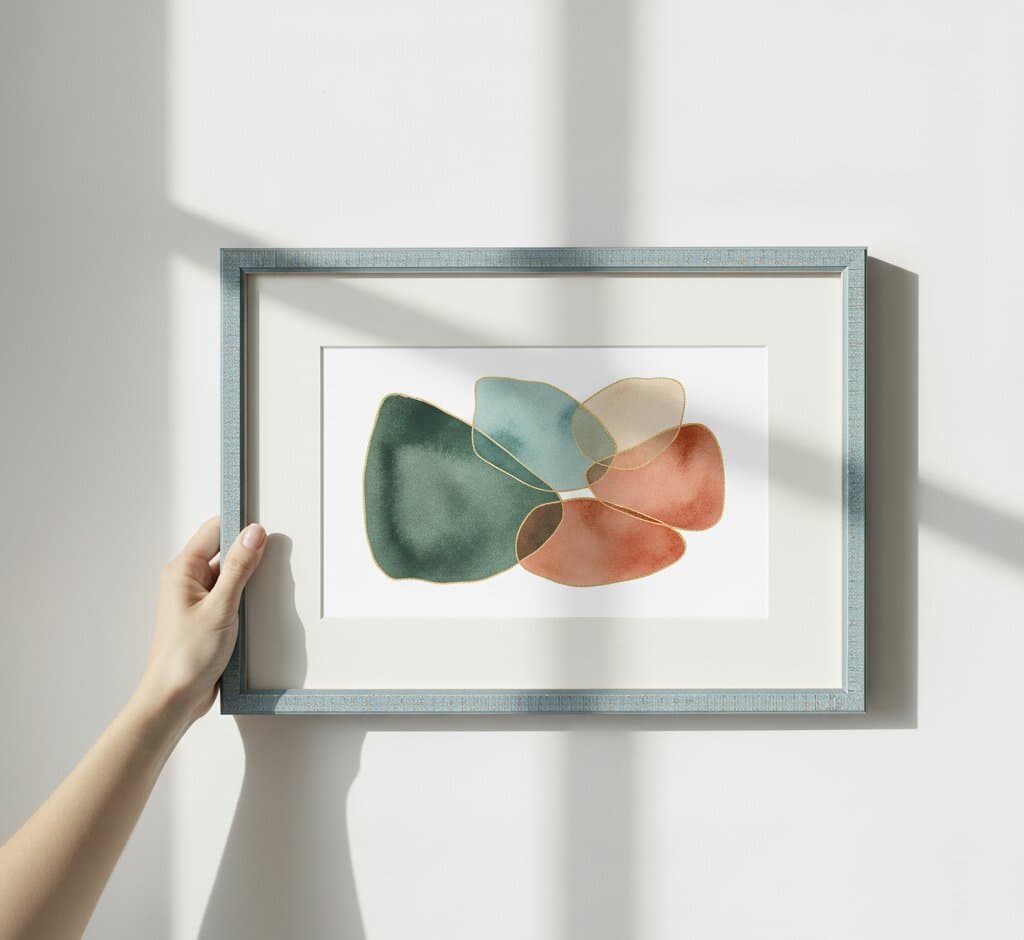 Hand placing textured blue wood picture frame with white mat board displaying abstract organic shapes painting in teal, emerald green, coral pink, and beige with gold metallic accents on clean white wall with dramatic natural sunlight shadow demonstrating modern coastal picture framing for contemporary abstract art