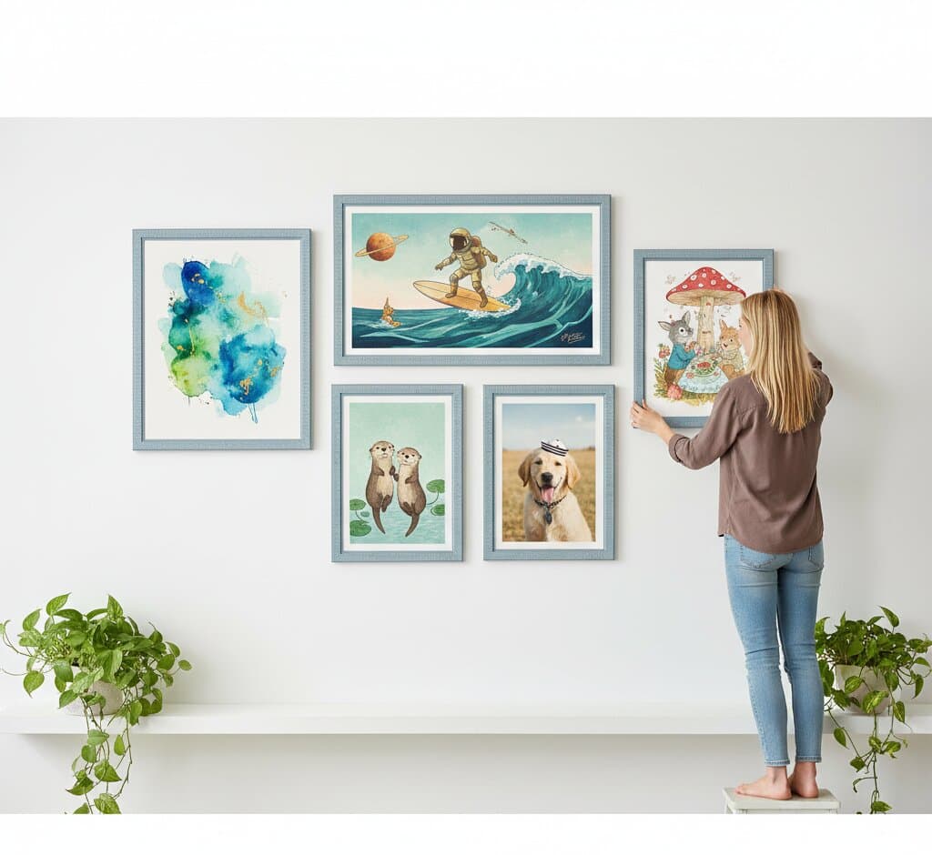 Smiling man in gray long-sleeve henley holding coastal blue picture frame with white mat board displaying watercolor flower painting in vibrant teal, turquoise, and blue petals with gold center seated on gray sofa in bright living room demonstrating picture framing for botanical watercolor art and floral illustrations