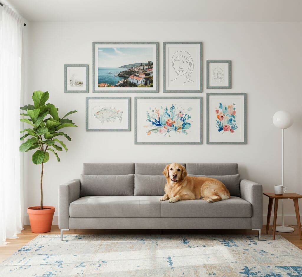 Gray sofa and patterned rug sit beneath gallery wall of blue-washed wood picture frames displaying coastal, botanical, and line-art prints, with golden retriever resting on sofa