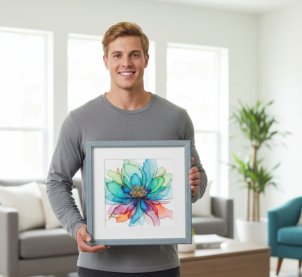 Woman in mustard yellow sweater holding distressed blue wood picture frame with white mat board displaying abstract expressionist brushstroke painting in bold orange, teal blue, olive green, and navy with gestural marks in modern home office with black task lamp demonstrating contemporary picture framing for modern colorful abstract artwork