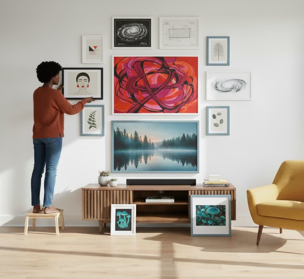 Smiling man in gray henley shirt holding textured blue picture frame with white mat board displaying vibrant red poppy flower photograph against blurred green meadow background on cozy gray sofa in soft natural light demonstrating coastal picture framing for nature photography and botanical prints