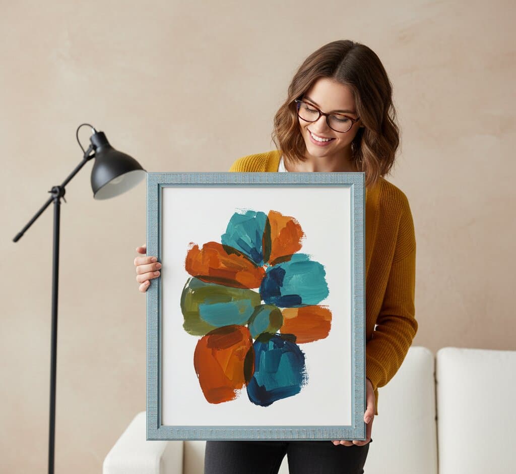 Woman in cream cable knit sweater kneeling on gray sofa adjusting stairway gallery wall of textured blue picture frames featuring whimsical cat line drawing, house geometric print, colorful abstract watercolor, autumn leaves botanical, and Eiffel Tower architecture photograph with orange sleeping cat on couch demonstrating eclectic coastal home decor