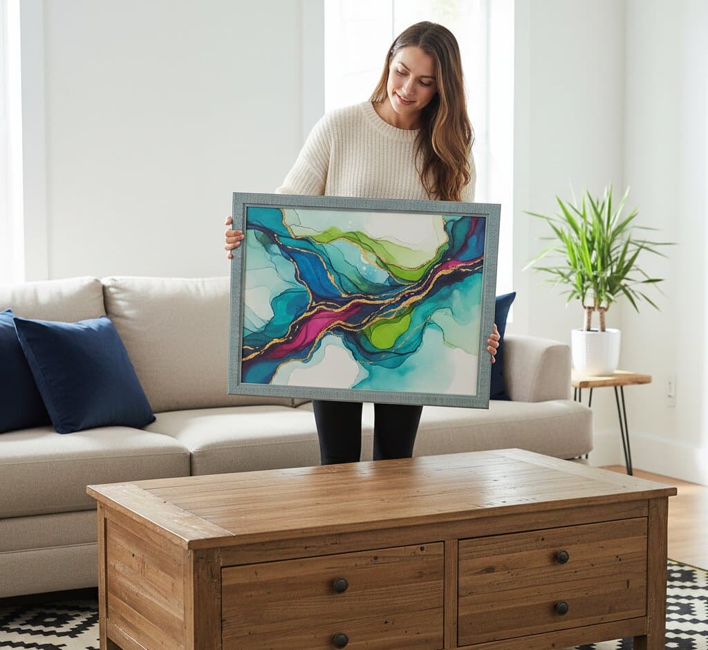 Smiling woman in cream sweater holding large distressed blue wood picture frame with white mat board displaying vibrant alcohol ink fluid art in turquoise, teal, lime green, blue, magenta, and gold swirling abstract patterns in bright minimalist living room with beige sofa demonstrating picture framing for contemporary fluid art and resin paintings